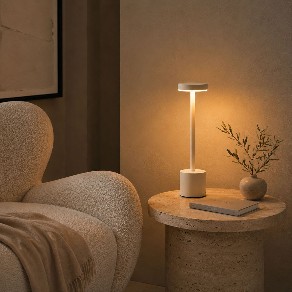 Lumi rechargeable table lamp in white on a round stone side table