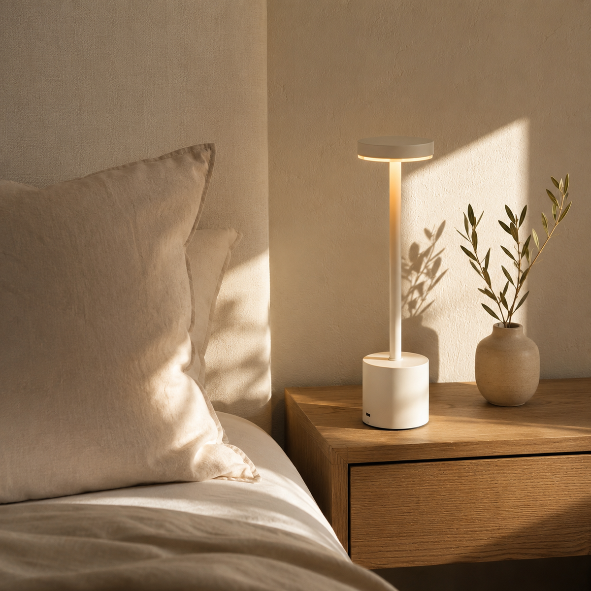 White touch LED table lamp on a bedroom nightstand in morning light