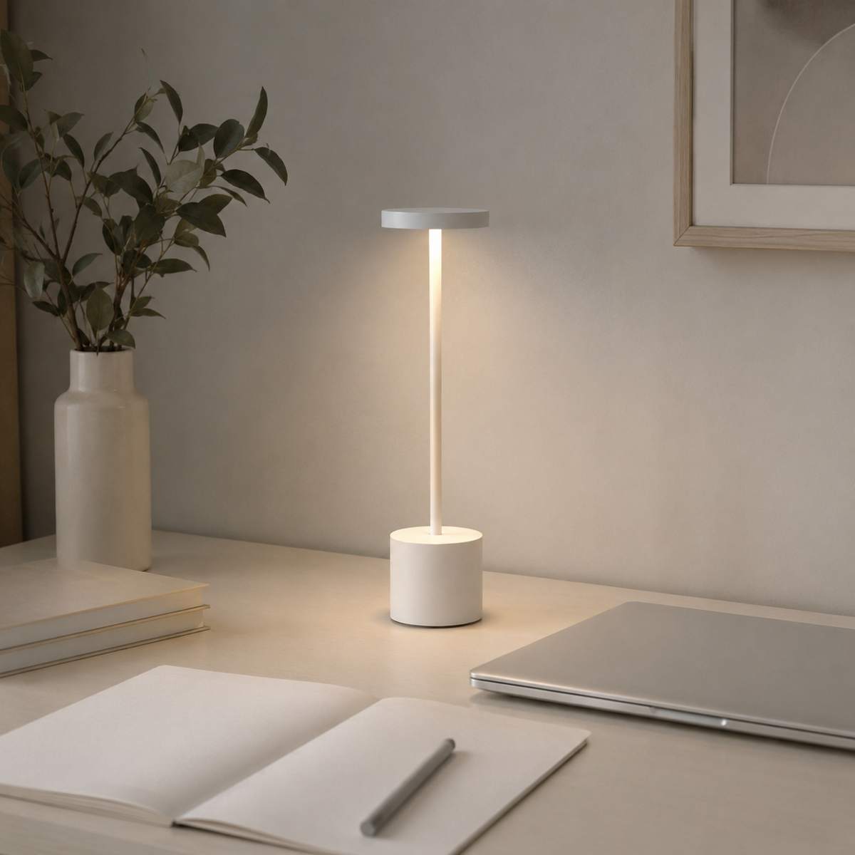 MahMir Lumi Touch LED Table Lamp in white on a bright workspace desk