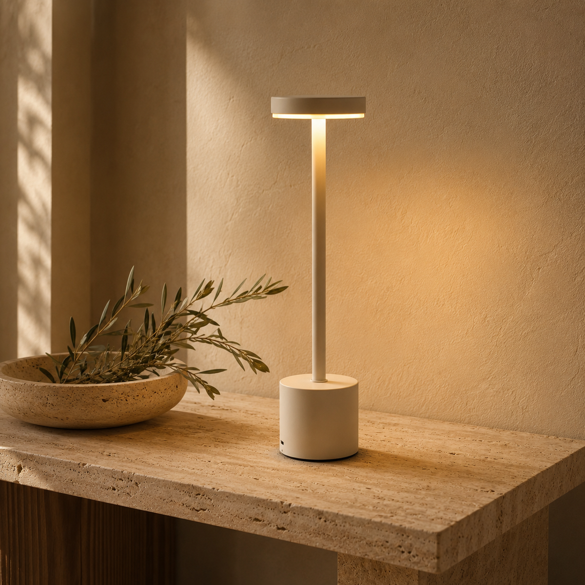 White Lumi LED table lamp on a travertine shelf with olive branches