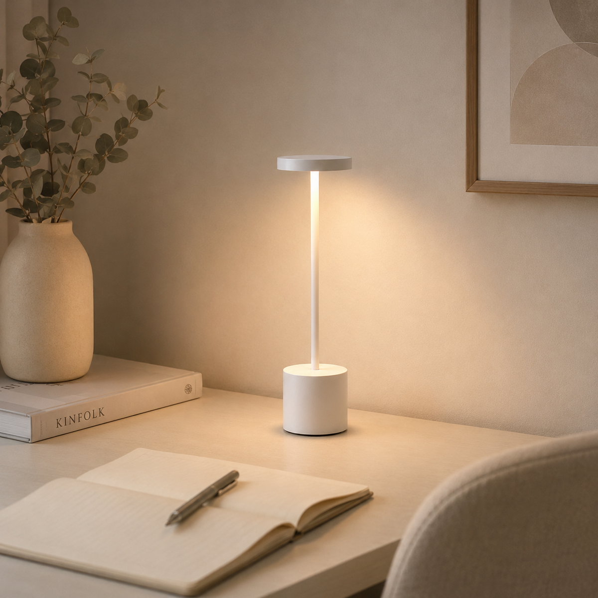White Lumi touch lamp on a desk beside an open notebook