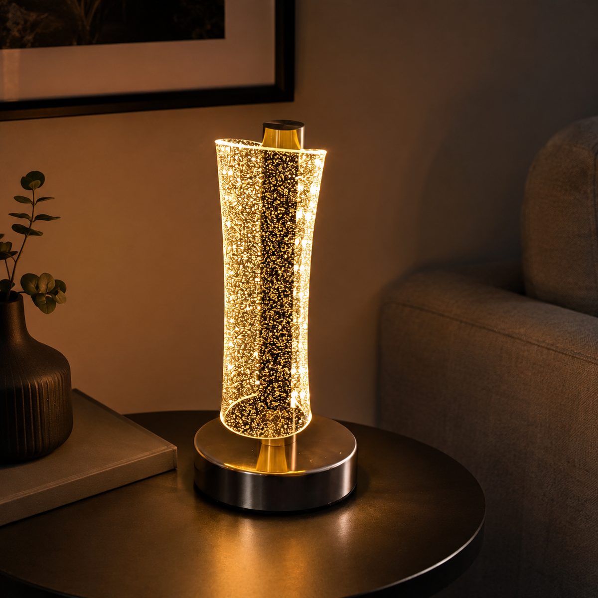 MahMir Modern LED Crystal Table Lamp glowing on a round side table beside a sofa