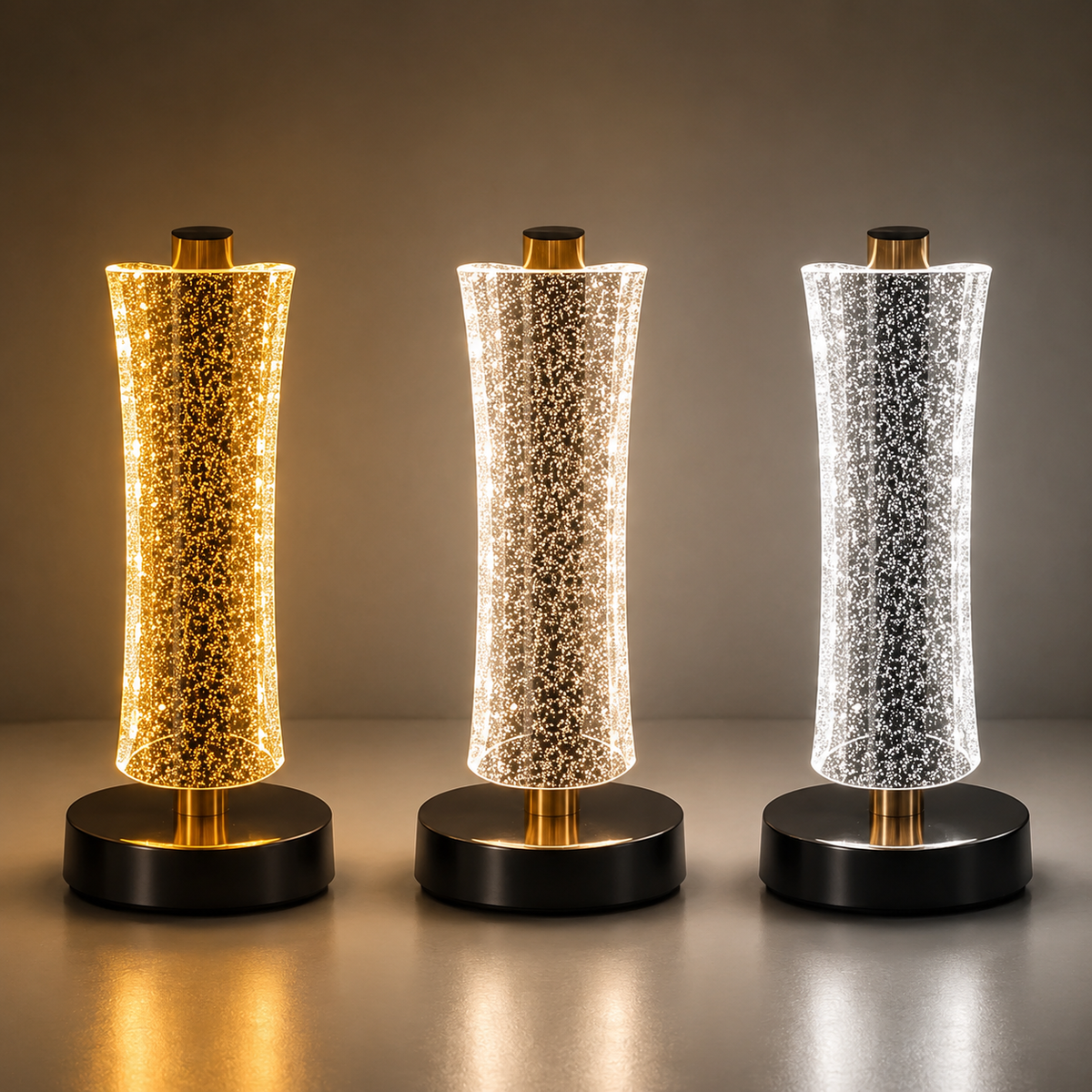 Modern LED Crystal Table Lamp shown in warm, neutral and white light modes