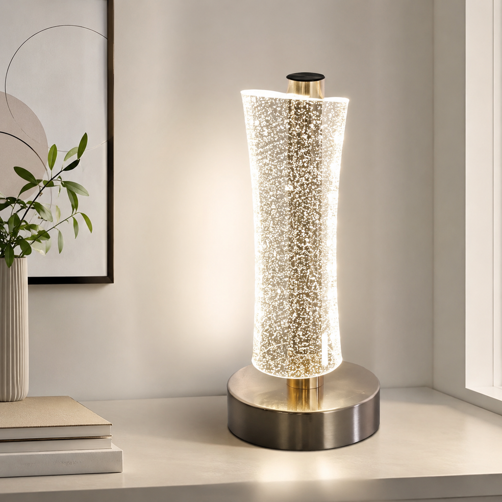 MahMir Modern LED Crystal Table Lamp in white light on a window shelf