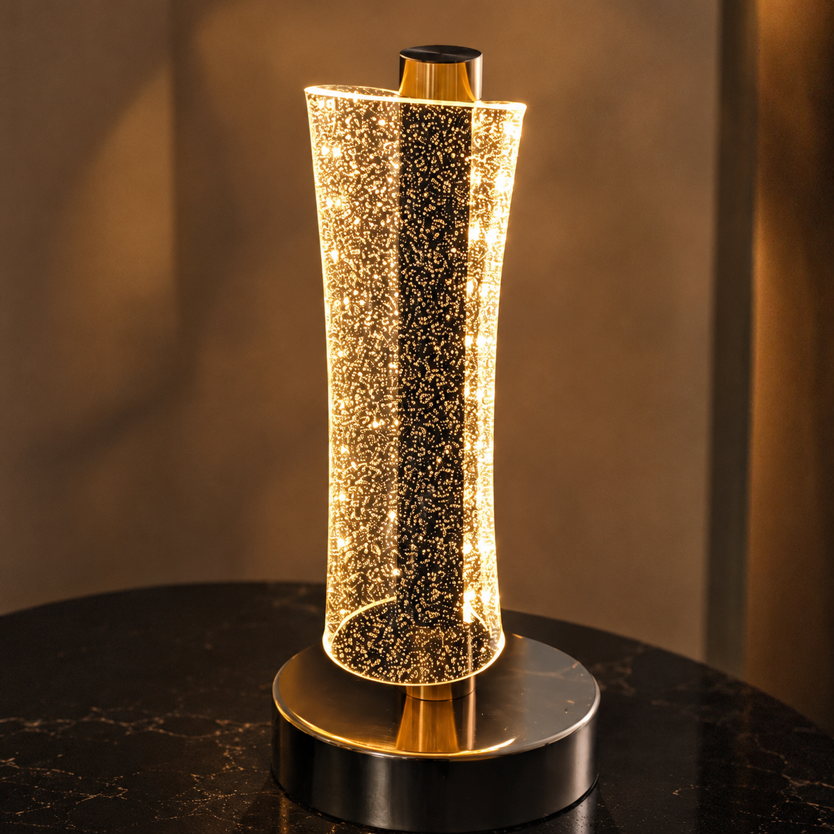 Close-up of the sparkling crystal column shade and metal base
