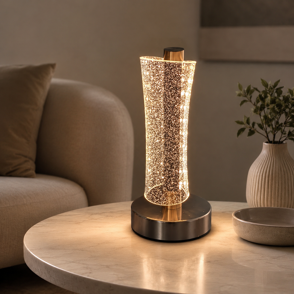 MahMir crystal column table lamp on a marble coffee table in a living room