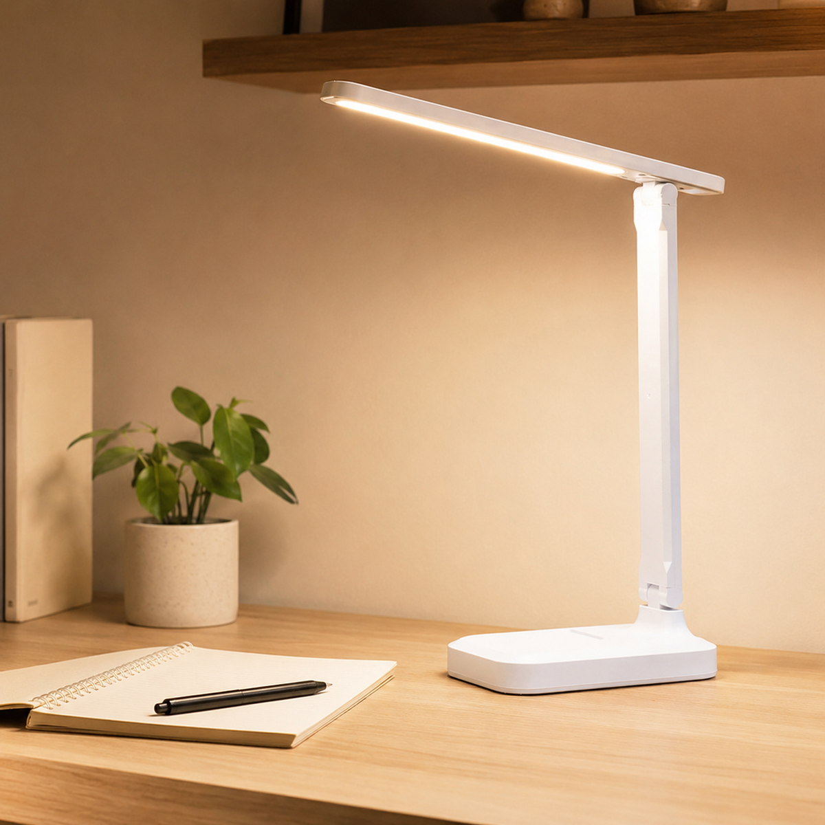 MahMir Modern LED Desk Lamp in white on a wooden desk with notebook and plant