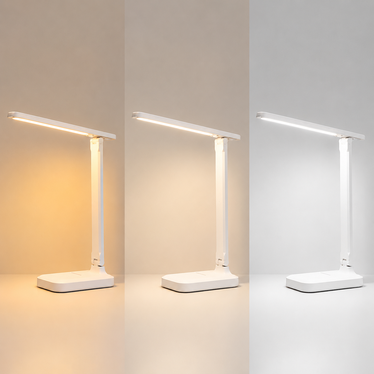 Modern LED desk lamp shown in warm, neutral and white light modes