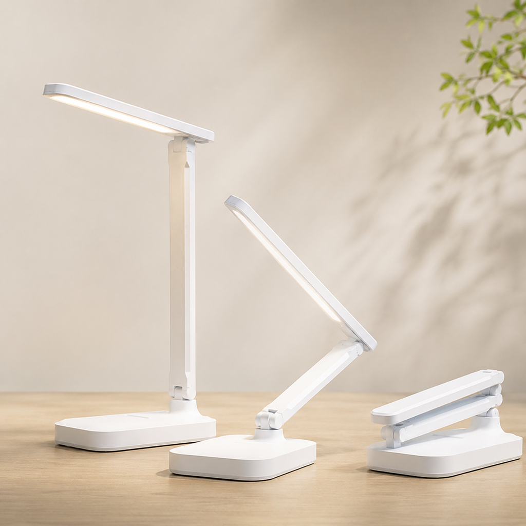 Foldable LED desk lamp shown upright, tilted and folded flat