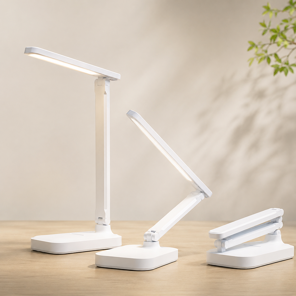 Foldable LED desk lamp shown upright, tilted and folded flat