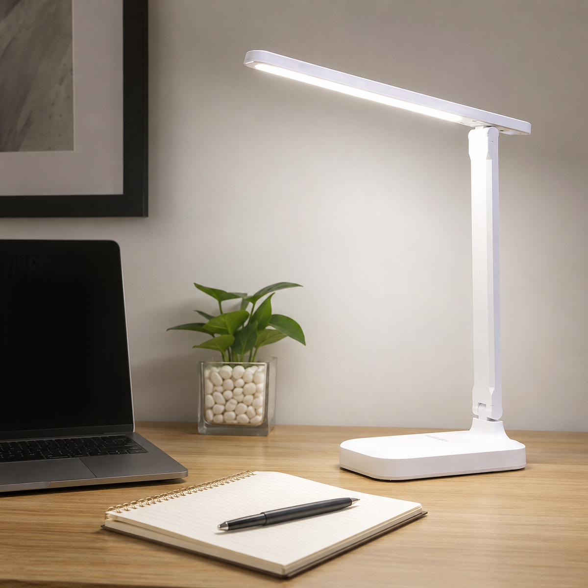 MahMir Modern LED Desk Lamp on a home office desk beside a laptop
