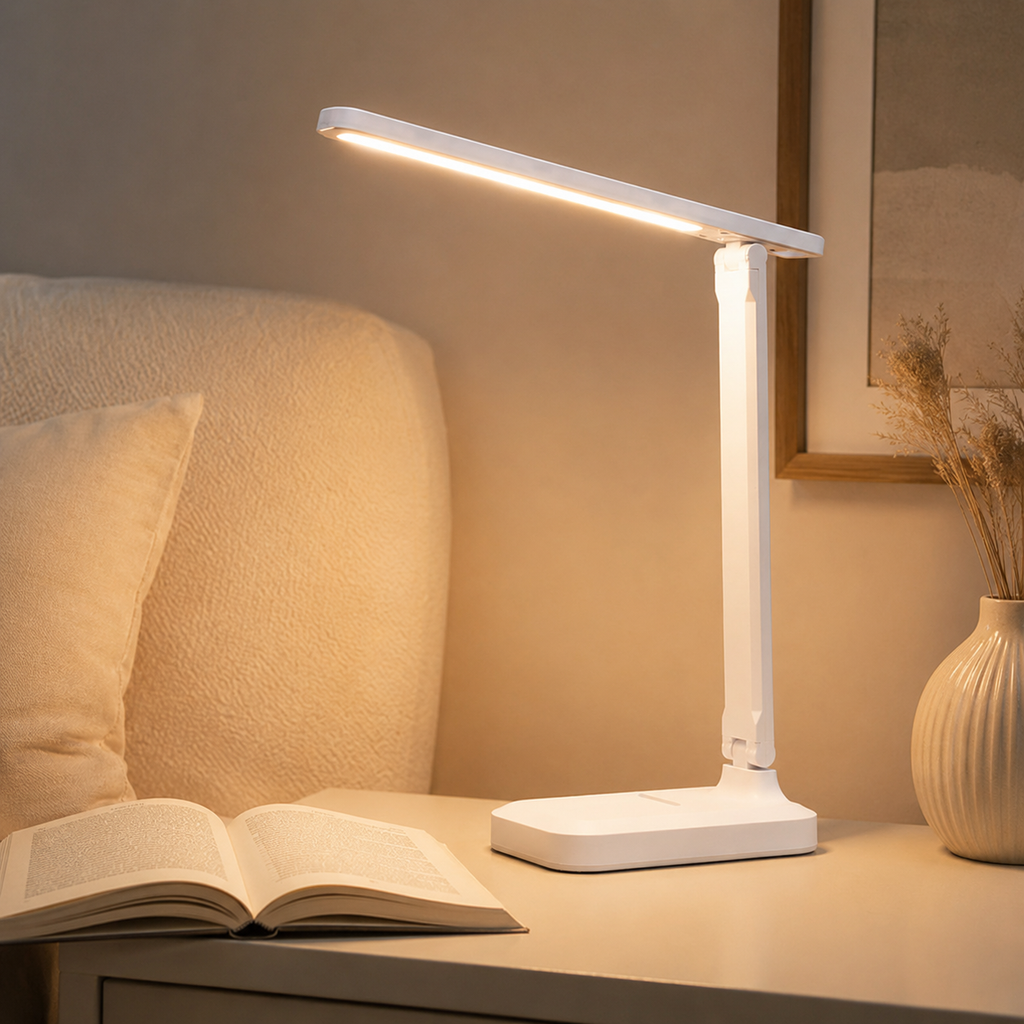 White LED desk lamp giving warm reading light on a bedside table