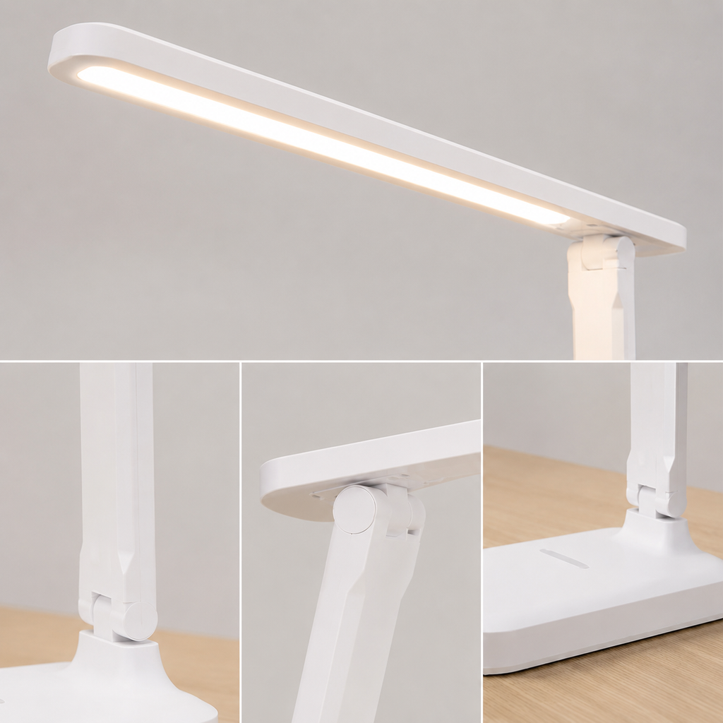 Close-up details of the LED desk lamp light bar, hinge and base