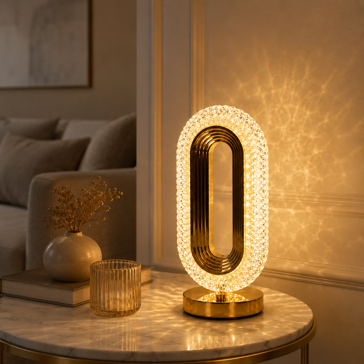 MahMir Oval Crystal Table Lamp casting light patterns on a living room wall