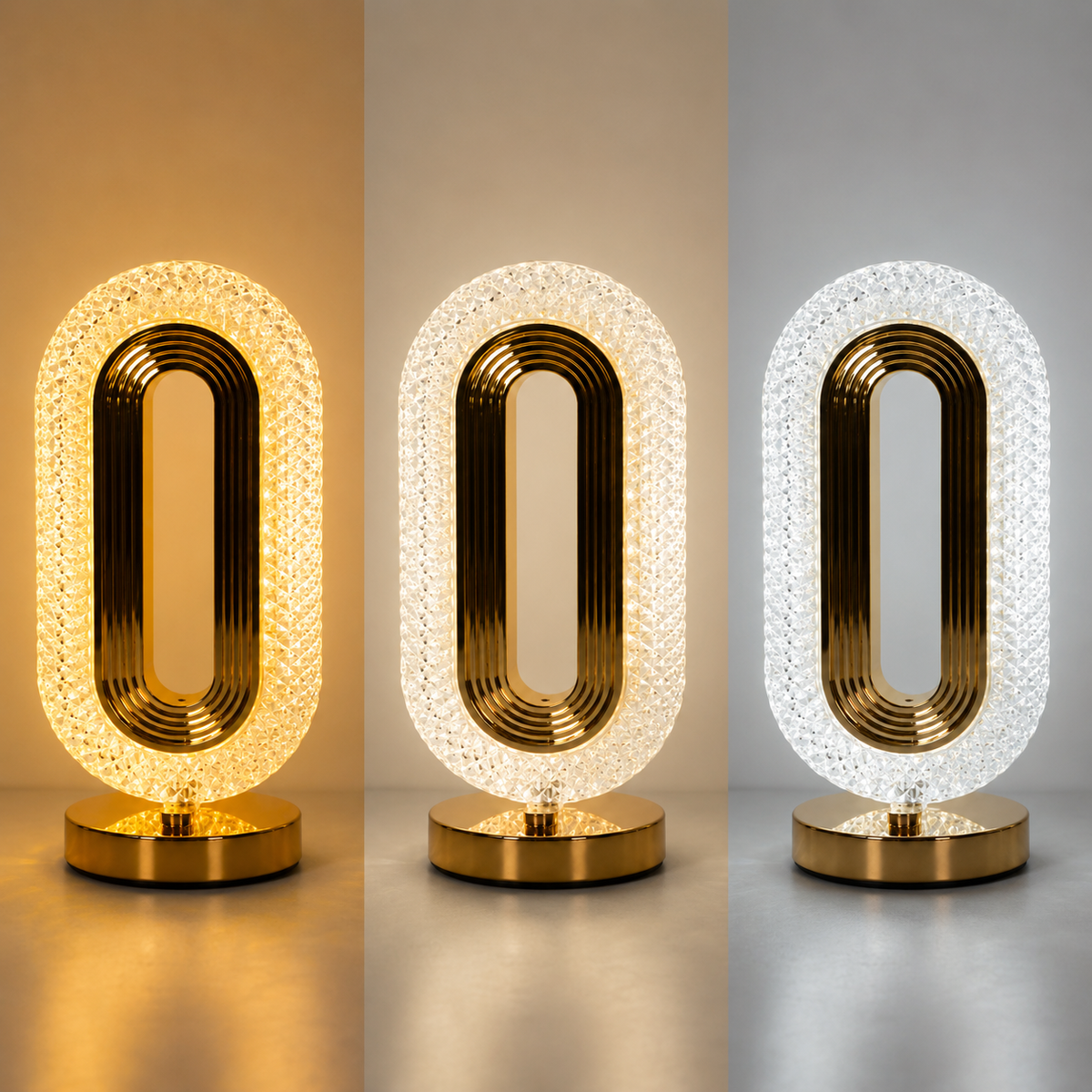 Oval Crystal Table Lamp shown in warm, neutral and white light modes