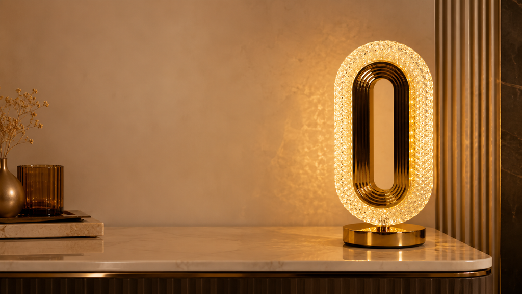 MahMir Oval Crystal Table Lamp glowing on a marble sideboard
