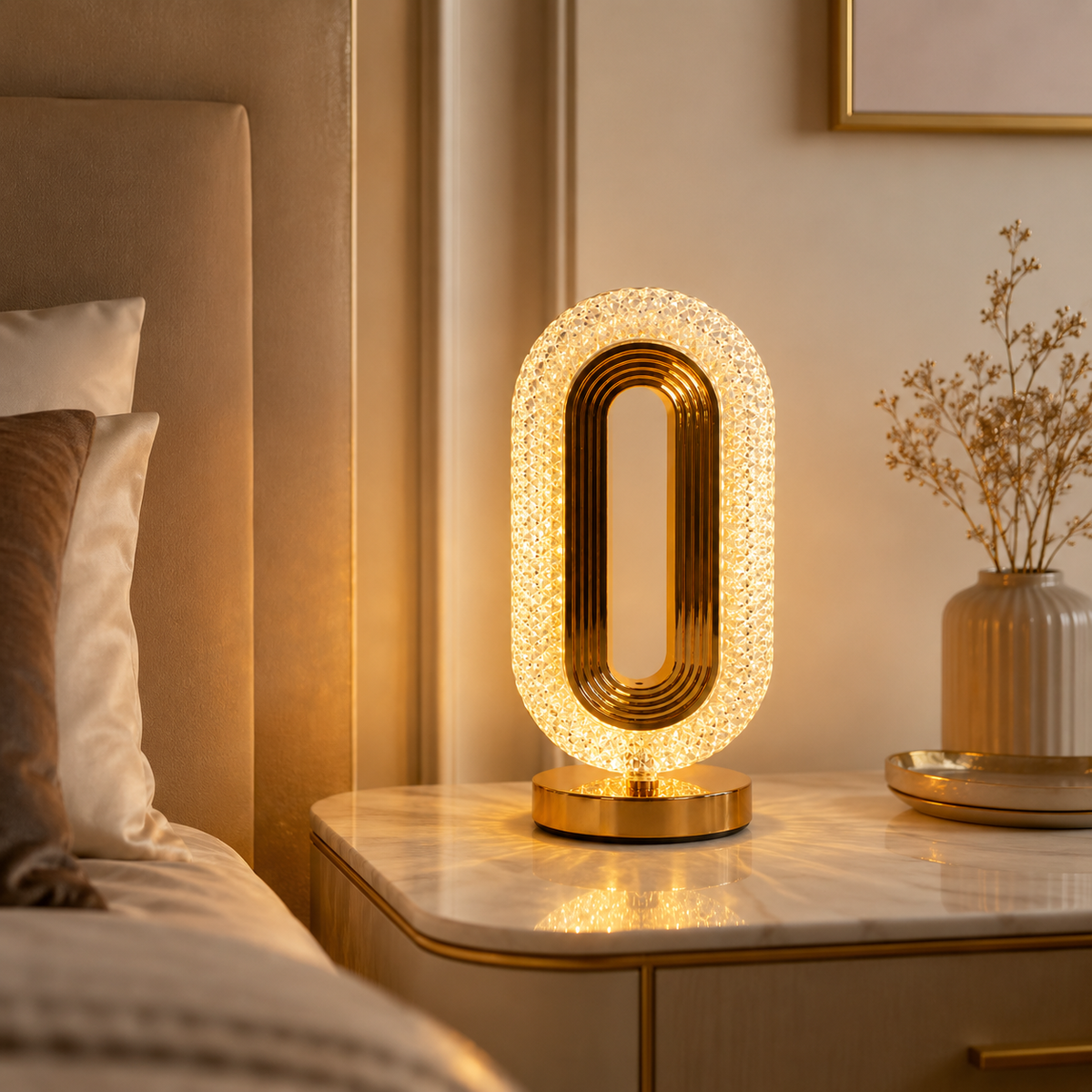 MahMir Oval Crystal Table Lamp glowing warm on a bedroom nightstand