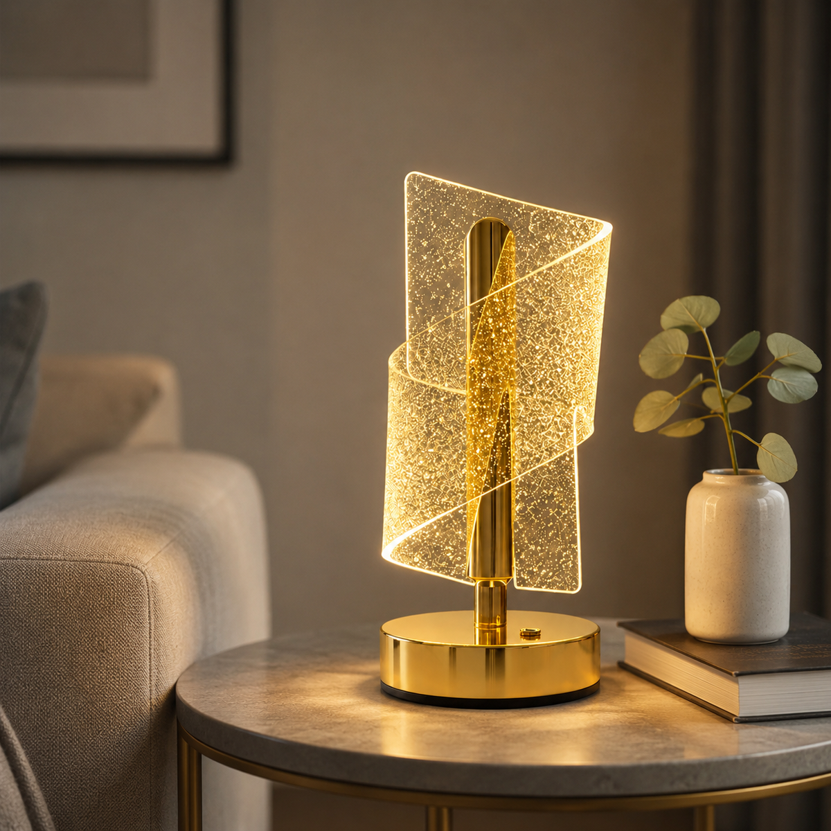 MahMir Starry Crystal LED Table Lamp with gold stem on a side table by a sofa