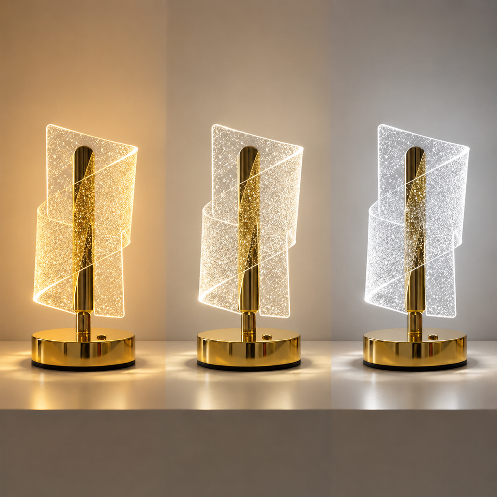 Starry Crystal LED Table Lamp shown in warm, neutral and white light modes