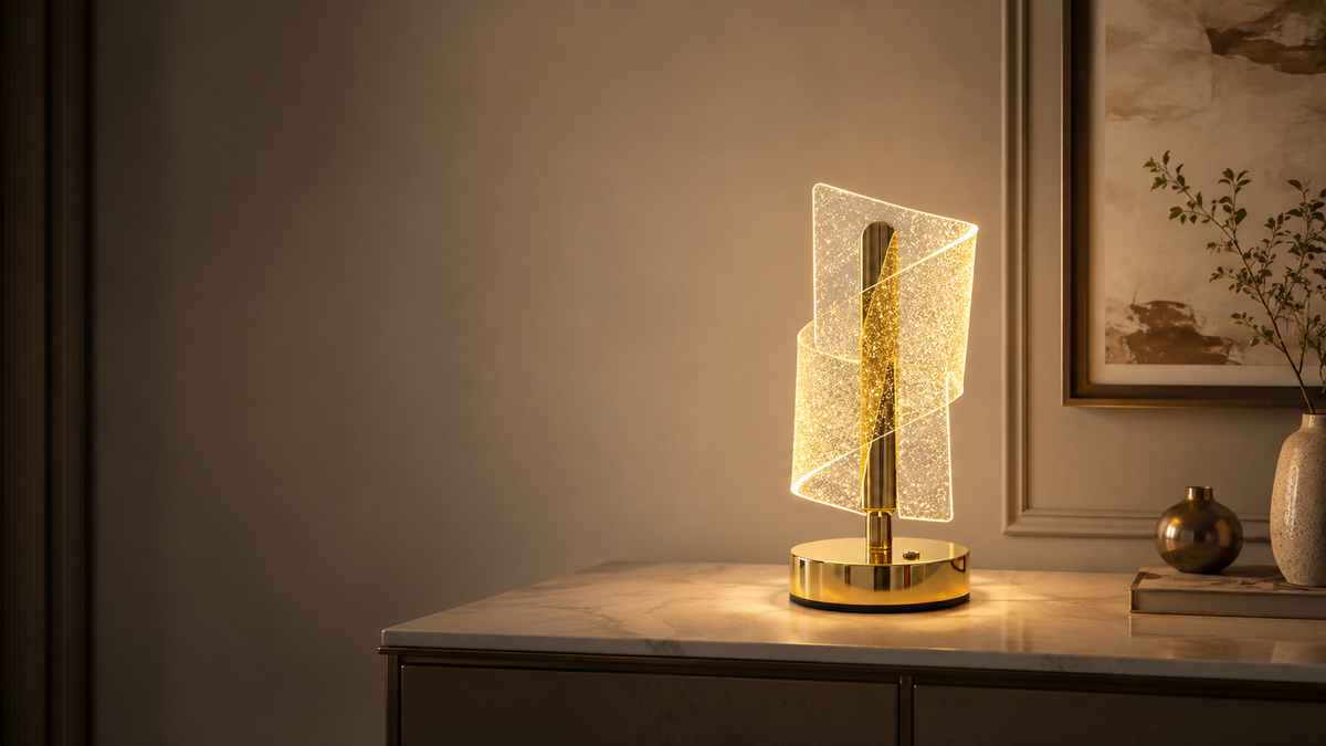 Gold starry crystal lamp glowing on a marble console table