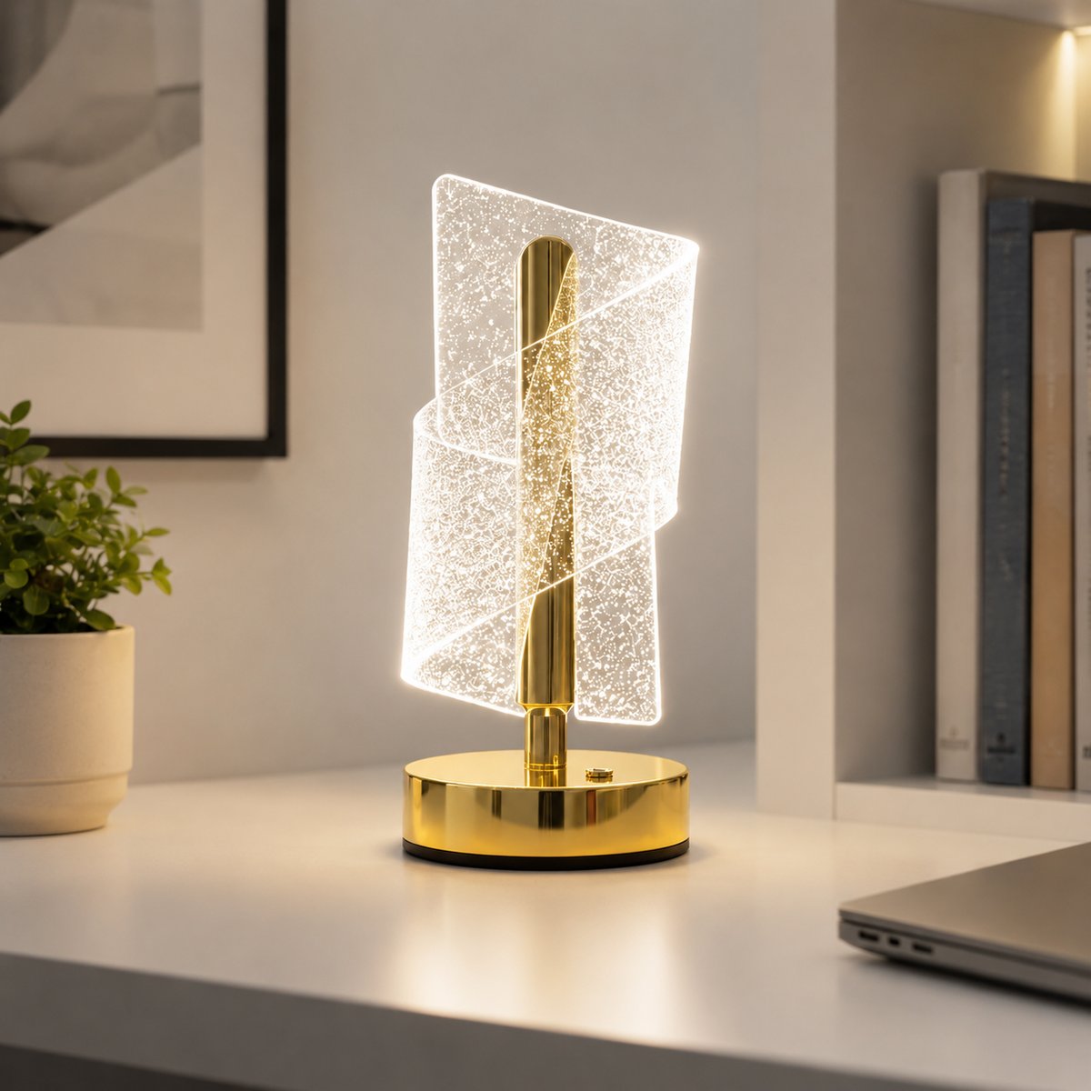 MahMir Starry Crystal LED Table Lamp in cool white light on a desk