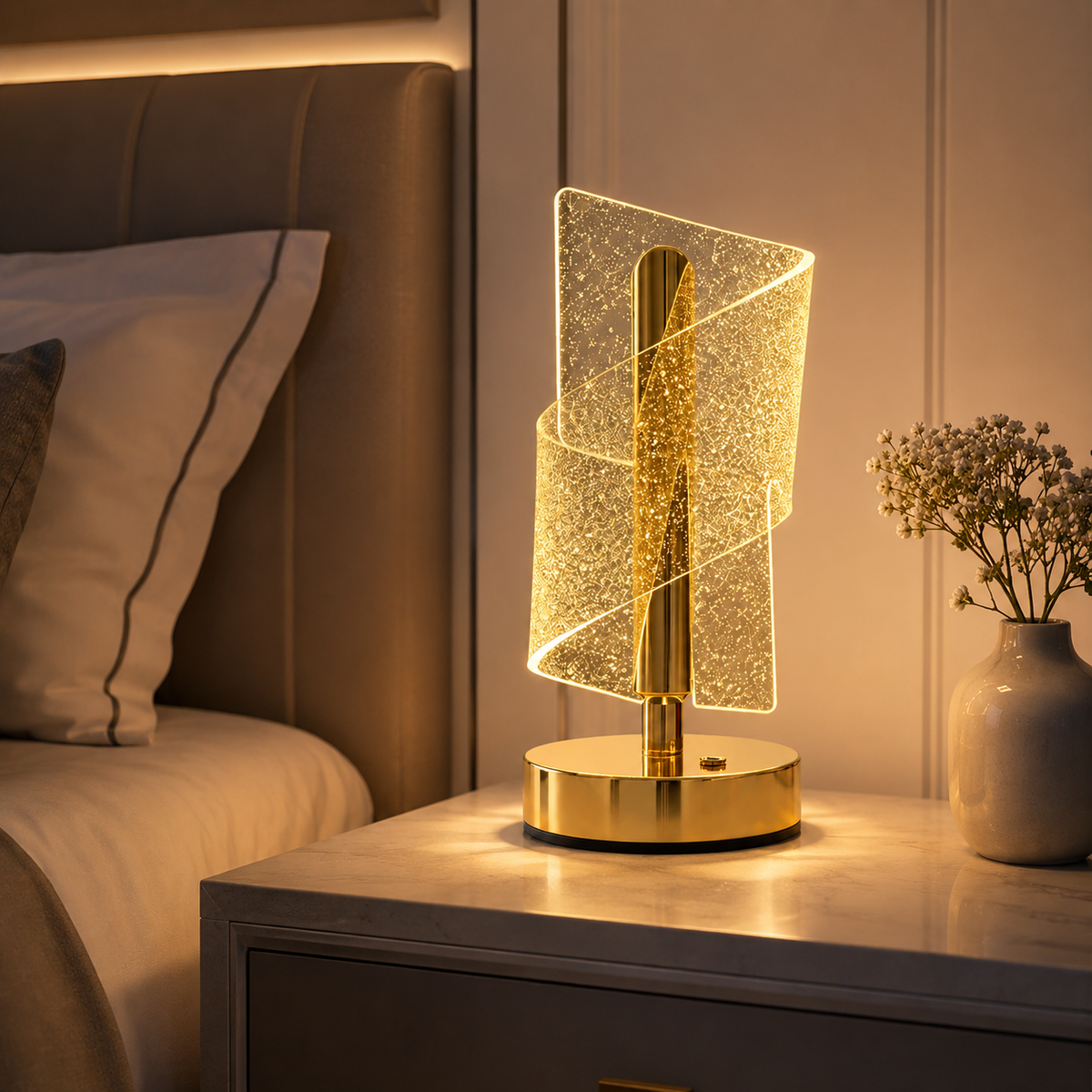 Starry crystal LED table lamp glowing warm on a bedroom nightstand
