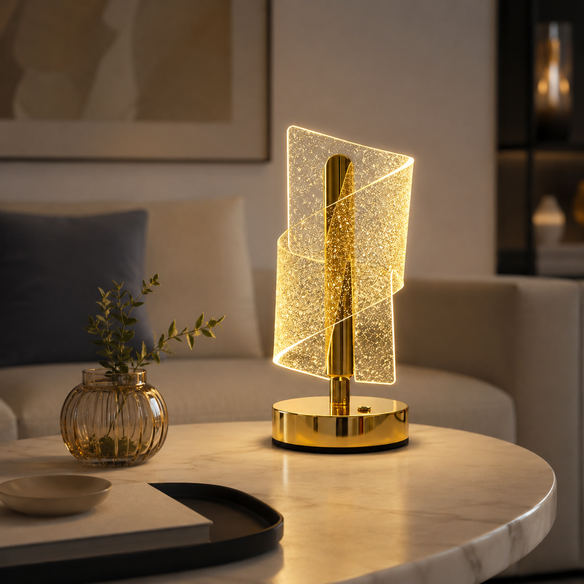 Gold spiral crystal table lamp on a marble coffee table in a living room
